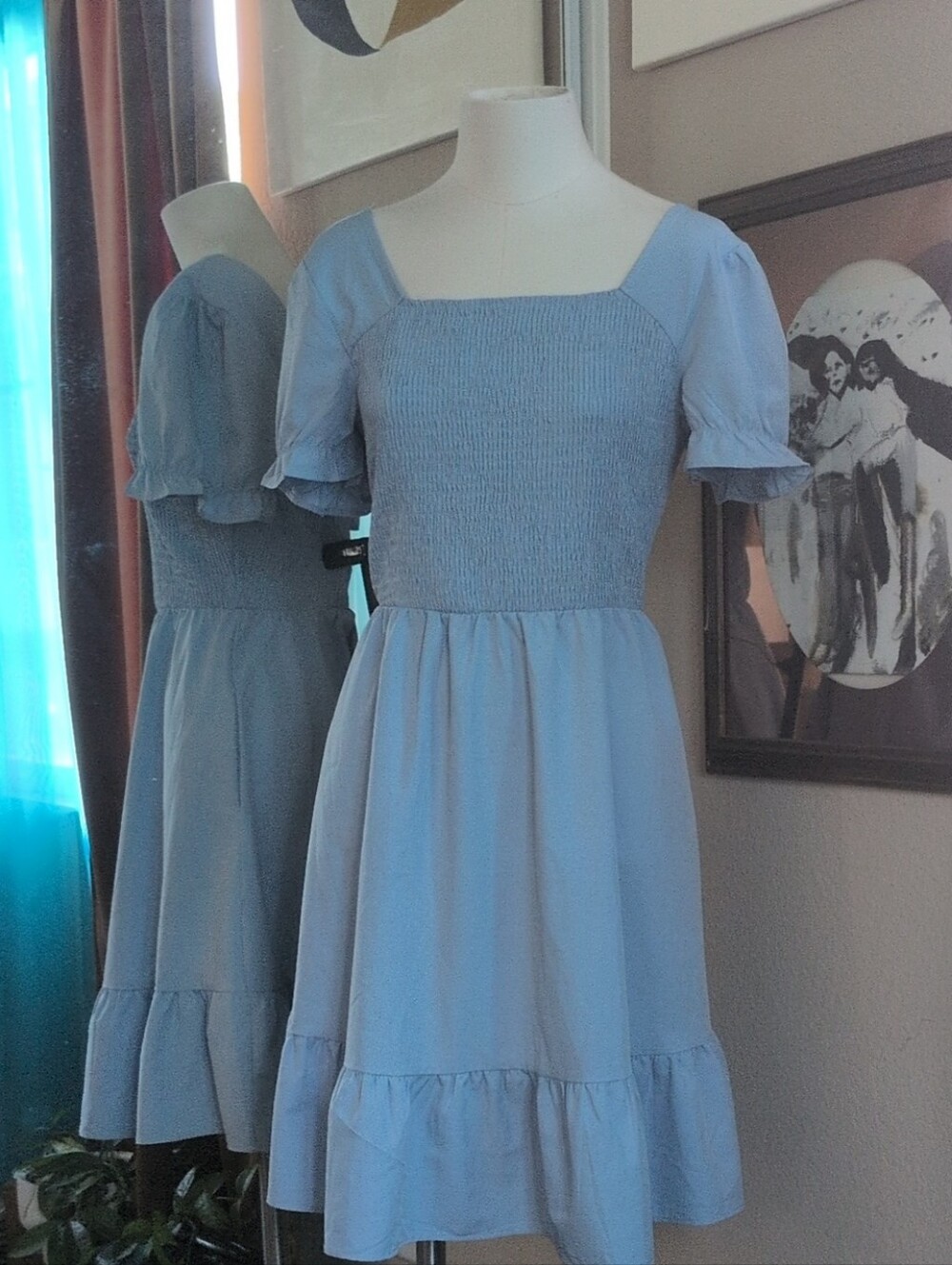Amazon Light Blue Smocked Square-Neck Midi Dress